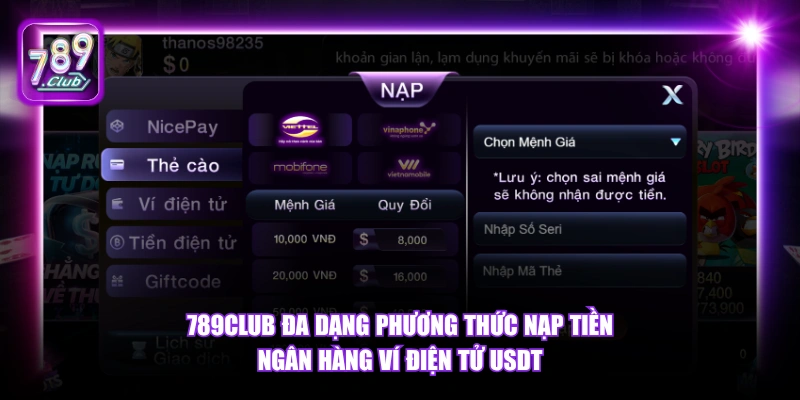 Nạp tiền 789Club 4 789Club đa dạng phương thức nạp tiền ngân hàng ví điện tử USDT.