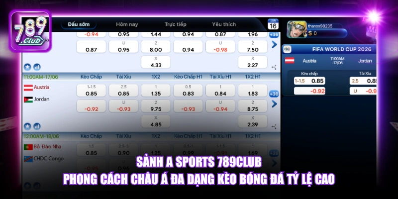 Sảnh A Sports 789Club phong cách châu Á đa dạng kèo bóng đá tỷ lệ cao.